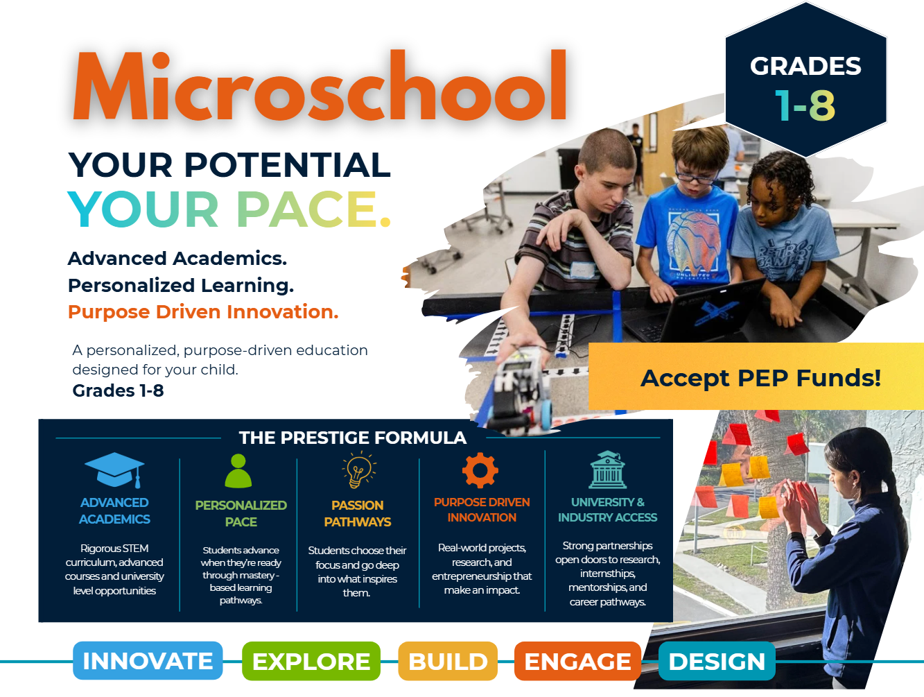Hero banner for Microschool Grades 1–8 with bold orange title, colorful tagline, student photos, and 'Accept PEP Funds' badge.