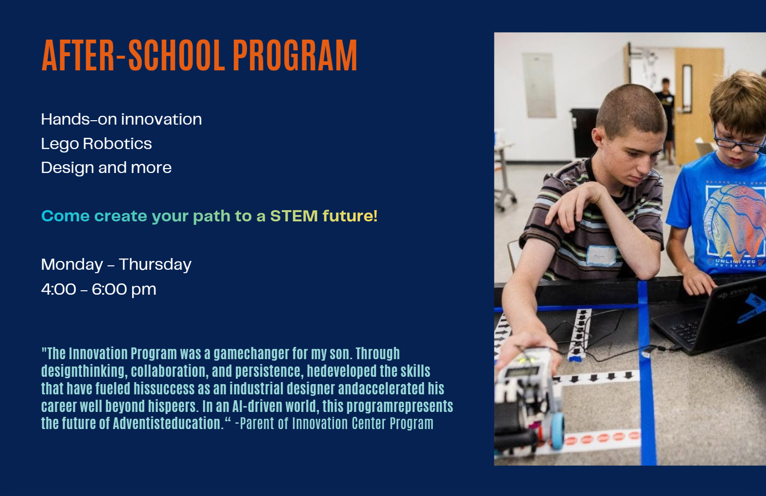 After-school STEM program poster: hands-on robotics activities and design, with a photo of two boys working with a robot and laptop on the right.